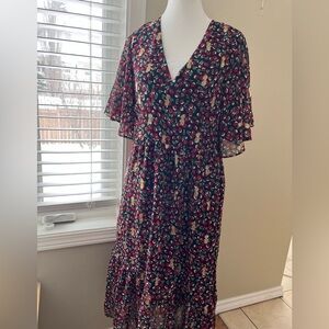 [M]Axara Paris Deep V Tied Neck S/S Cherry Pinapple Chiffon Dress